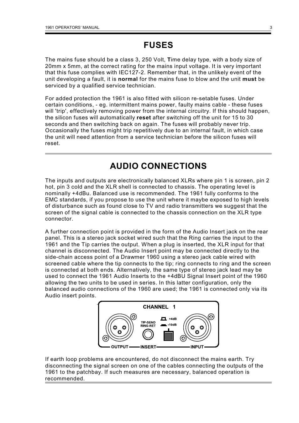 Fuses, Audio connections | Drawmer 1961 Vacuum Tube Equaliser User Manual | Page 5 / 14