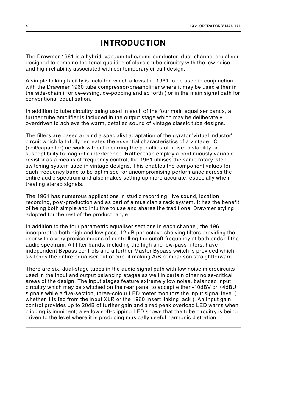 Introduction | Drawmer 1961 Vacuum Tube Equaliser User Manual | Page 6 / 14