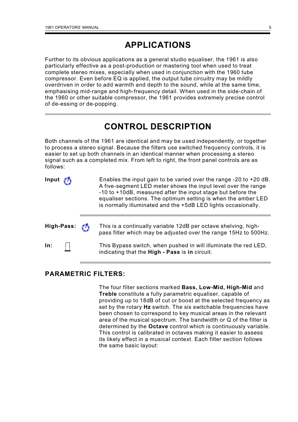 Applications, Control description | Drawmer 1961 Vacuum Tube Equaliser User Manual | Page 7 / 14