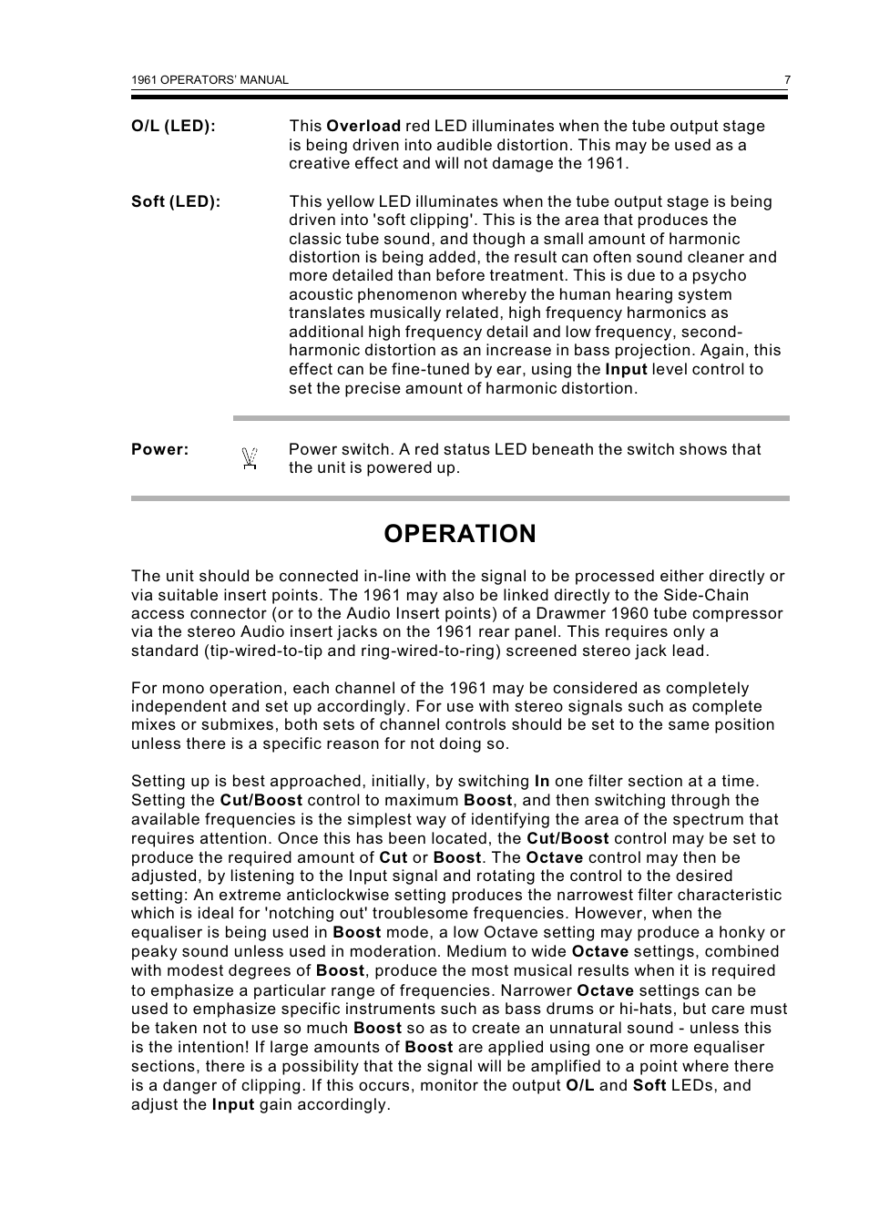 Operation | Drawmer 1961 Vacuum Tube Equaliser User Manual | Page 9 / 14