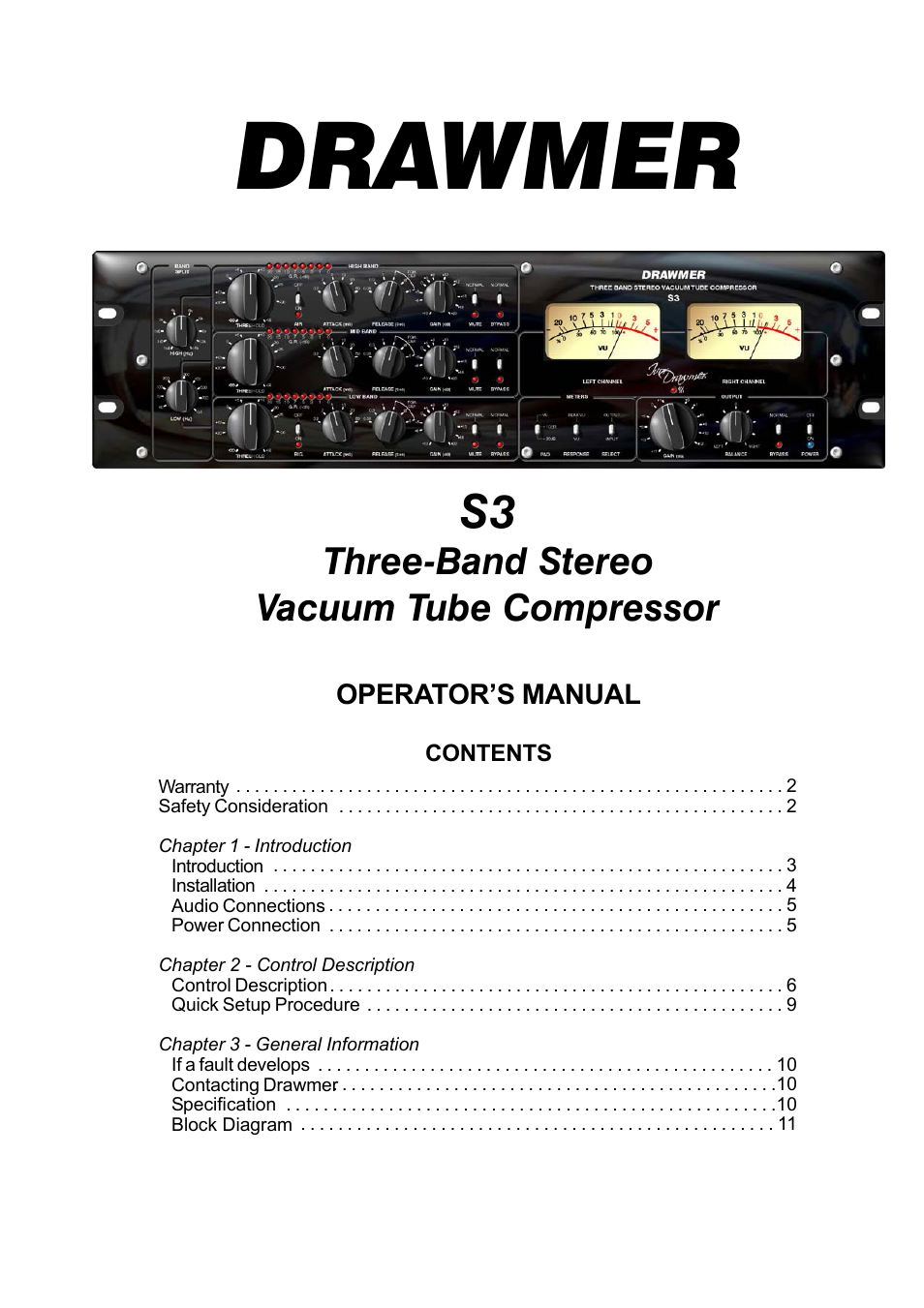 Drawmer S3 Multi-Band Stereo Tube Compressor User Manual | 11 pages