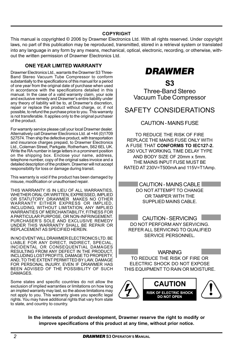 Drawmer, Safety considerations, Three-band stereo vacuum tube compressor | Drawmer S3 Multi-Band Stereo Tube Compressor User Manual | Page 2 / 11