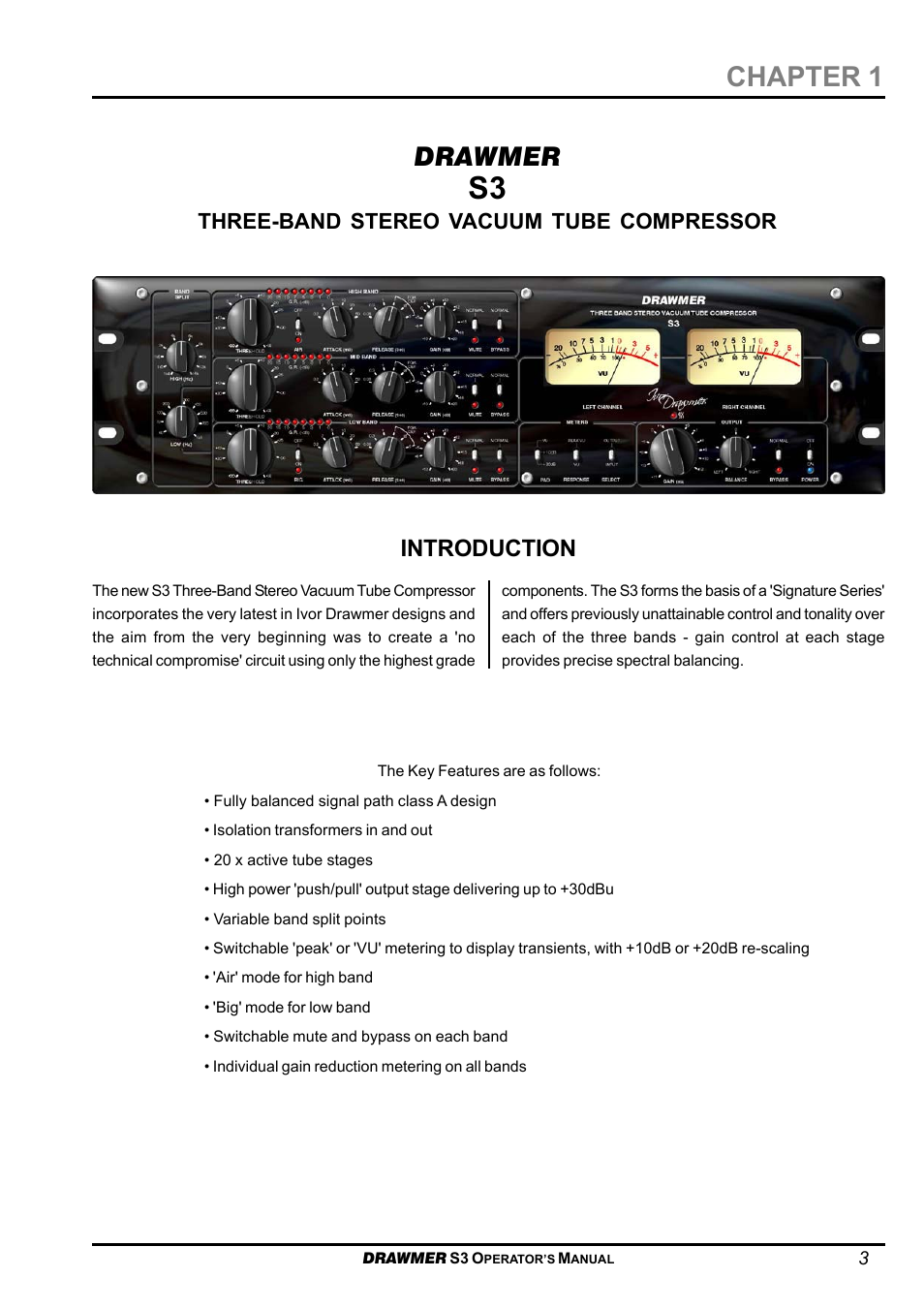 Chapter 1, Drawmer, Introduction | Three-band stereo vacuum tube compressor | Drawmer S3 Multi-Band Stereo Tube Compressor User Manual | Page 3 / 11