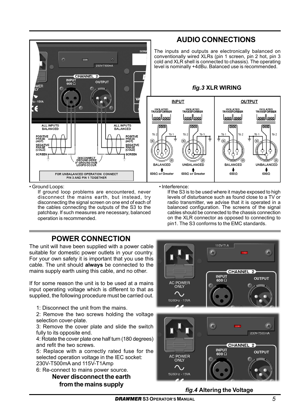 Audio connections, Power connection | Drawmer S3 Multi-Band Stereo Tube Compressor User Manual | Page 5 / 11