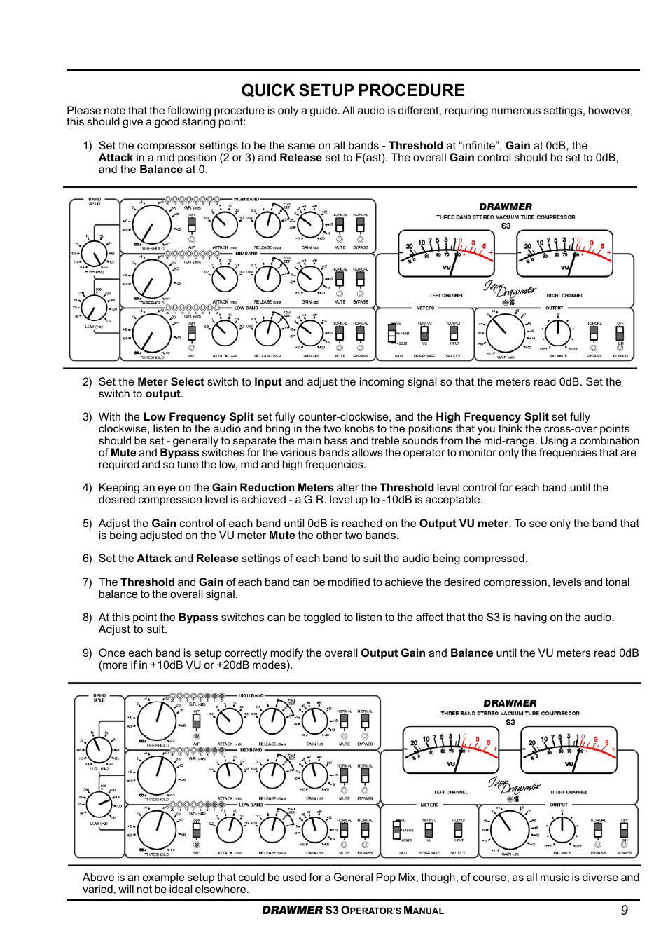 Quick setup procedure | Drawmer S3 Multi-Band Stereo Tube Compressor User Manual | Page 9 / 11