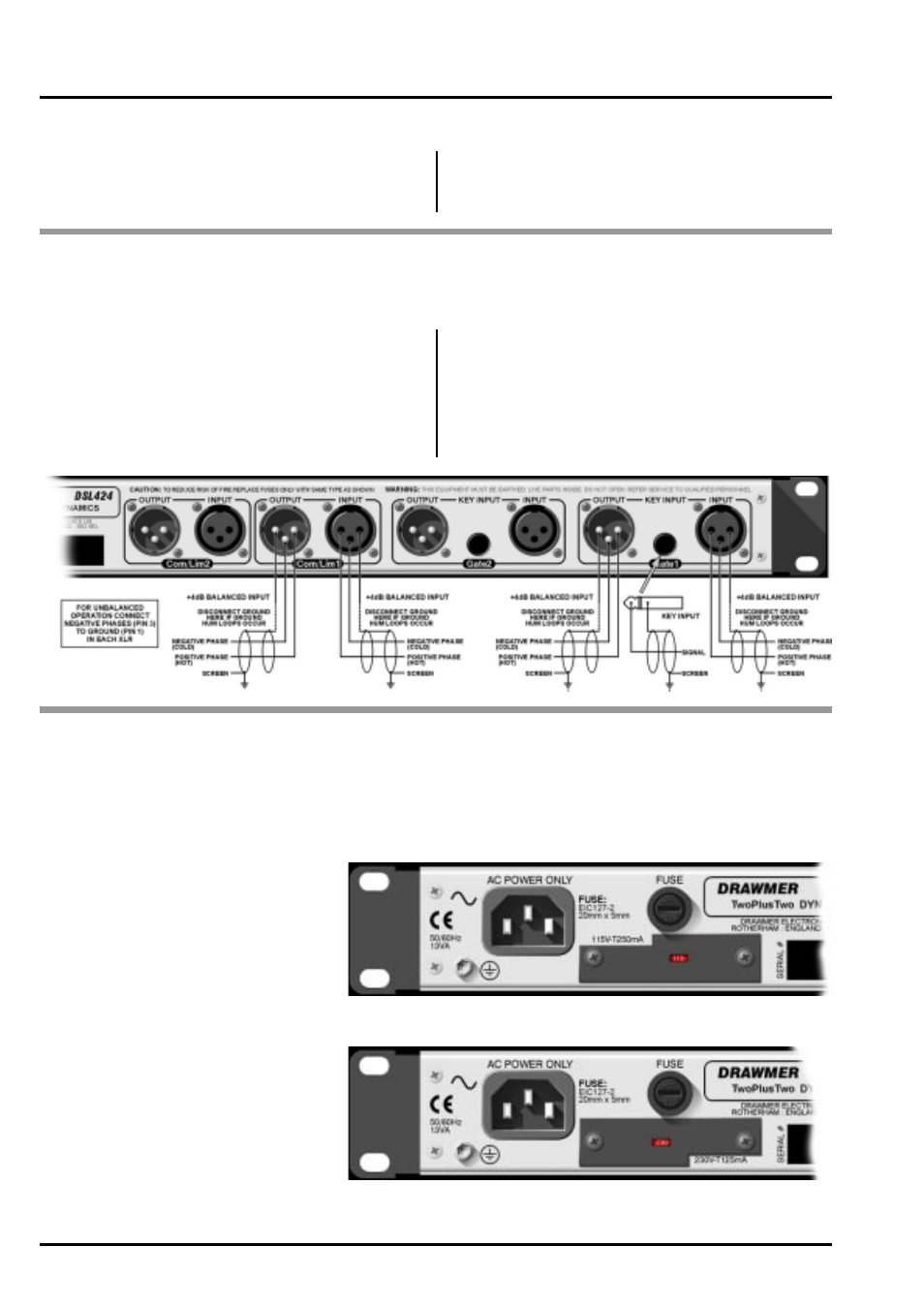 Installation audio connections, Power connection | Drawmer DSL424 TwoPlusTwo Dynamics User Manual | Page 4 / 13