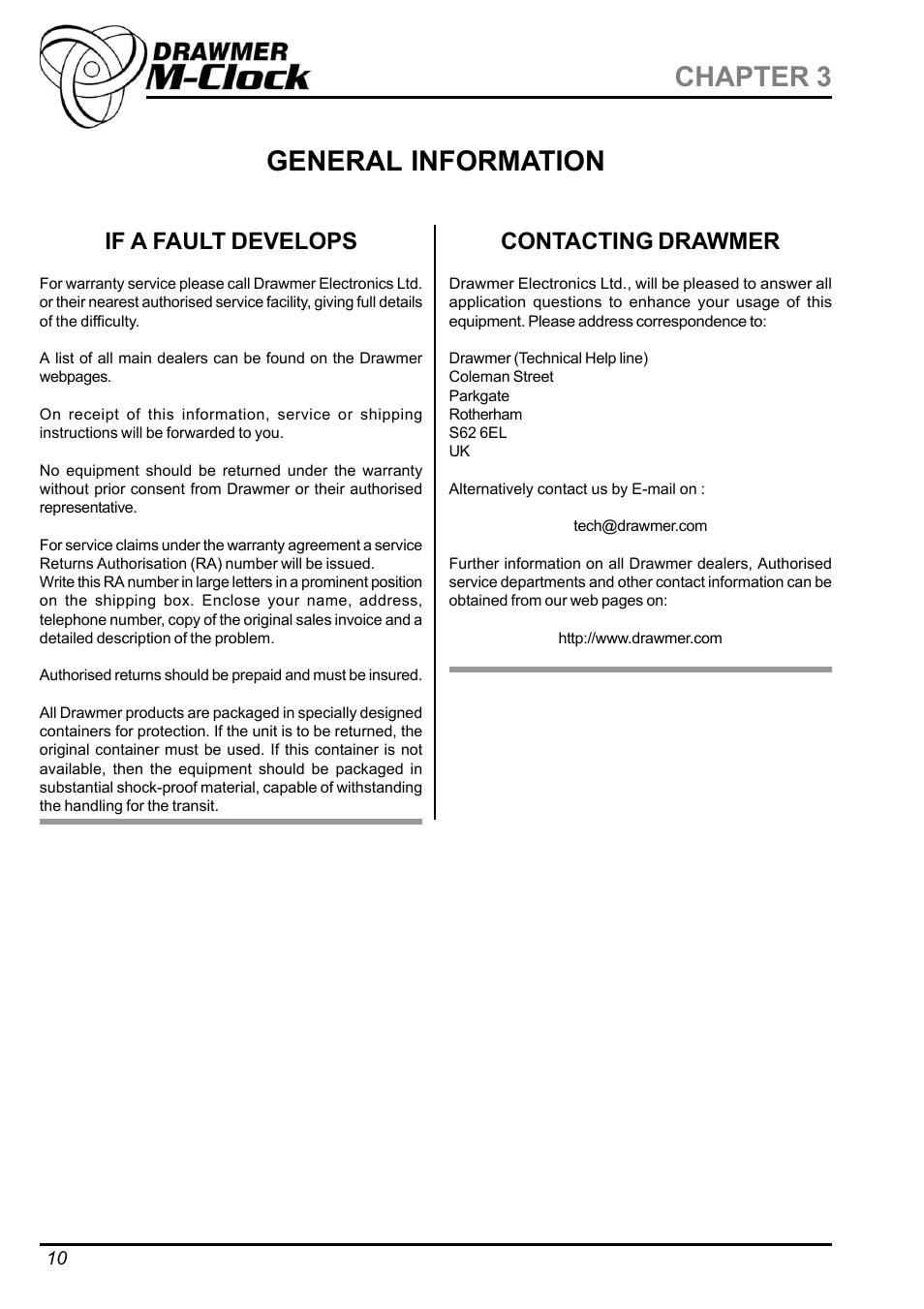 General information chapter 3, If a fault develops, Contacting drawmer | Drawmer DMS-1 M-Clock Master Clock Generator and Multiple Sample Rate Converter User Manual | Page 10 / 12