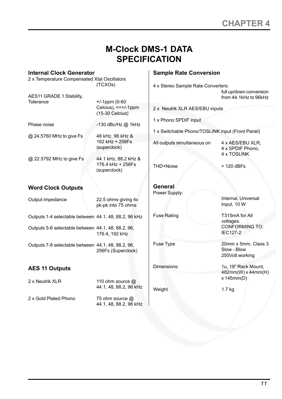 M-clock dms-1 data specification chapter 4 | Drawmer DMS-1 M-Clock Master Clock Generator and Multiple Sample Rate Converter User Manual | Page 11 / 12