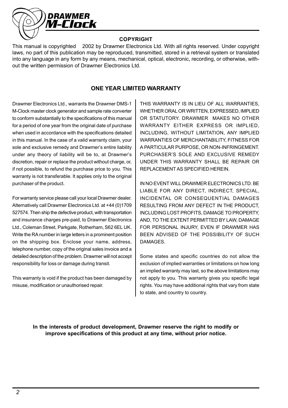 Drawmer DMS-1 M-Clock Master Clock Generator and Multiple Sample Rate Converter User Manual | Page 2 / 12