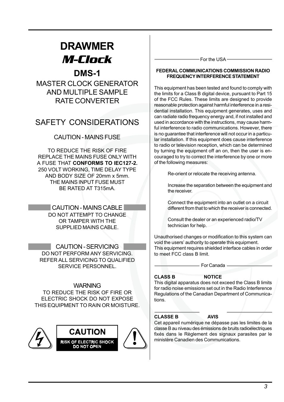 M-clock, Drawmer, Dms-1 | Safety considerations | Drawmer DMS-1 M-Clock Master Clock Generator and Multiple Sample Rate Converter User Manual | Page 3 / 12