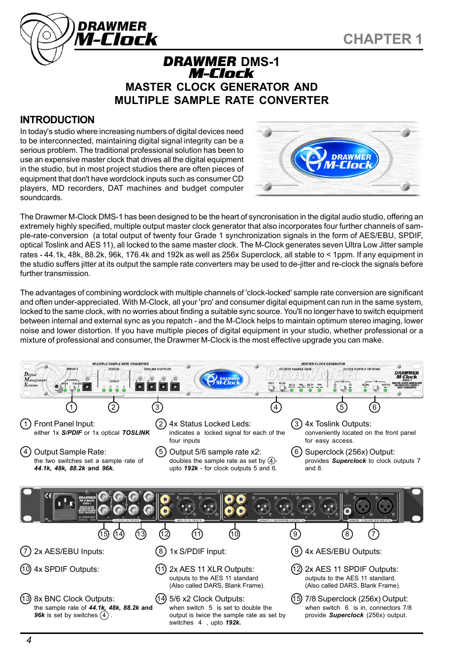 M-cloc, Chapter 1, Drawmer | Dms-1 | Drawmer DMS-1 M-Clock Master Clock Generator and Multiple Sample Rate Converter User Manual | Page 4 / 12