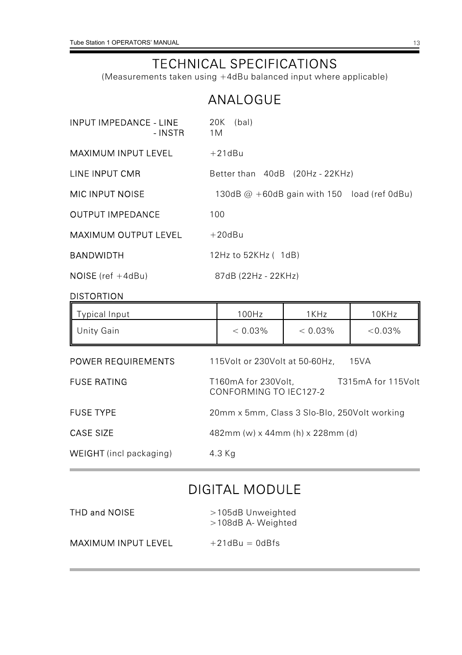 Technical specifications, Analogue, Digital module | Drawmer TS1 Stereo Vacuum Tube Compressor with Instrument and Mic Pr-Amp User Manual | Page 15 / 16