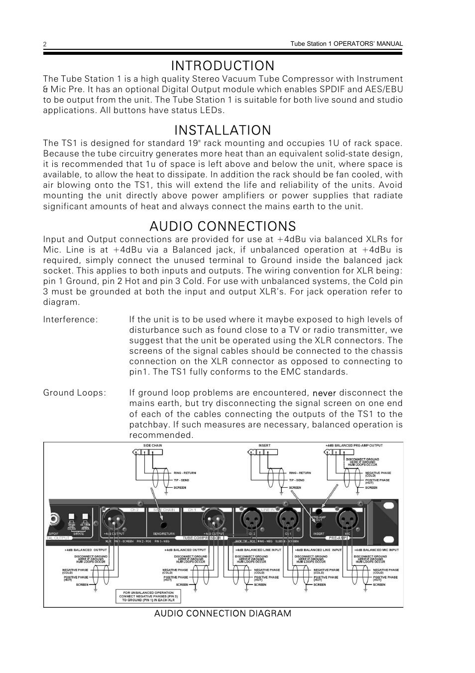 Introduction, Installation, Audio connections | Drawmer TS1 Stereo Vacuum Tube Compressor with Instrument and Mic Pr-Amp User Manual | Page 4 / 16