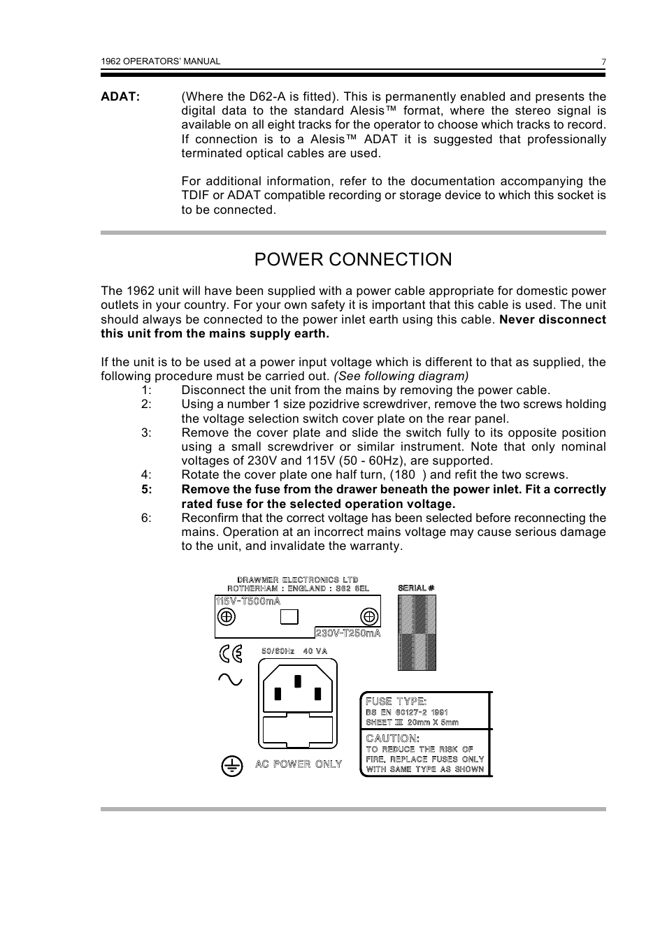 Power connection | Drawmer 1962 Digital Vacuum Tube Pre-Amplifier User Manual | Page 11 / 26