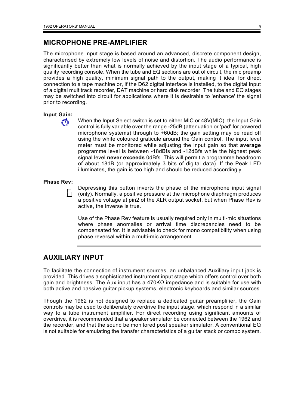 Microphone pre-amplifier, Auxiliary input | Drawmer 1962 Digital Vacuum Tube Pre-Amplifier User Manual | Page 13 / 26