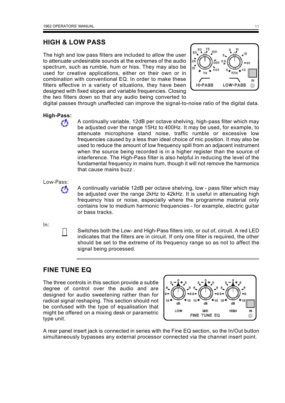 High & low pass, Fine tune eq | Drawmer 1962 Digital Vacuum Tube Pre-Amplifier User Manual | Page 15 / 26