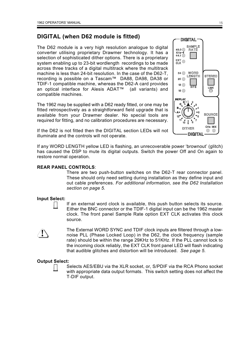 Digital (when d62 module is fitted) | Drawmer 1962 Digital Vacuum Tube Pre-Amplifier User Manual | Page 19 / 26