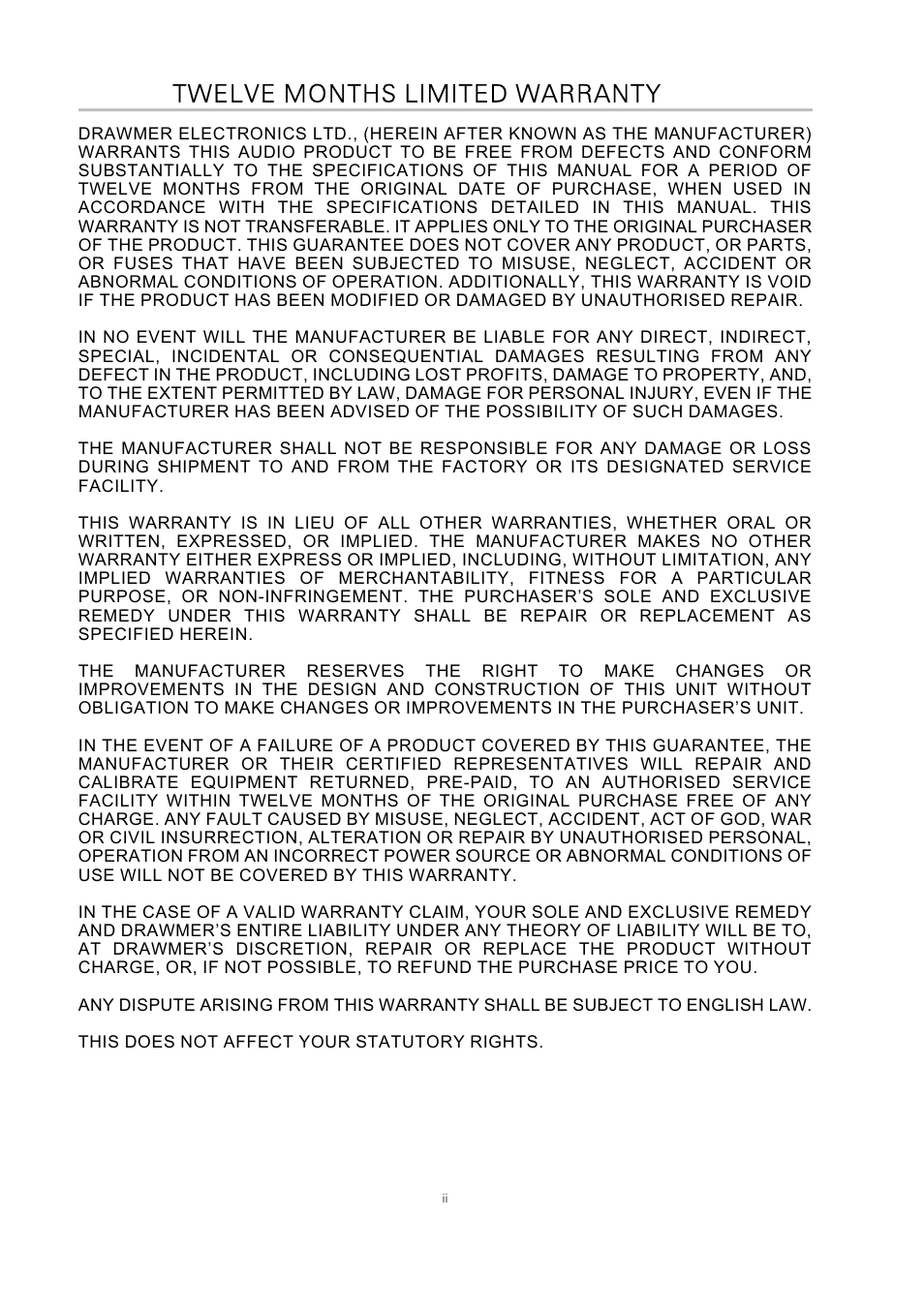 Twelve months limited warranty | Drawmer 1962 Digital Vacuum Tube Pre-Amplifier User Manual | Page 2 / 26