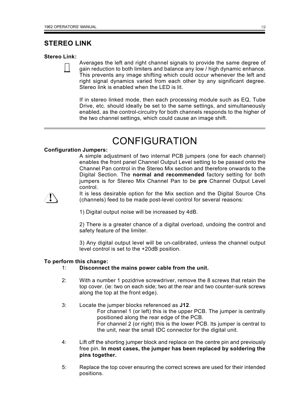 Configuration, Stereo link | Drawmer 1962 Digital Vacuum Tube Pre-Amplifier User Manual | Page 23 / 26