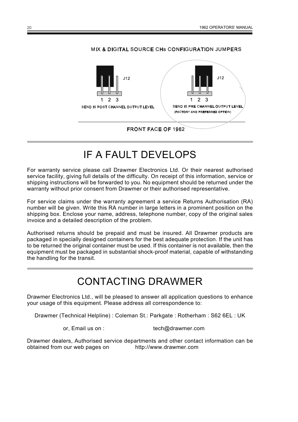 If a fault develops, Contacting drawmer | Drawmer 1962 Digital Vacuum Tube Pre-Amplifier User Manual | Page 24 / 26