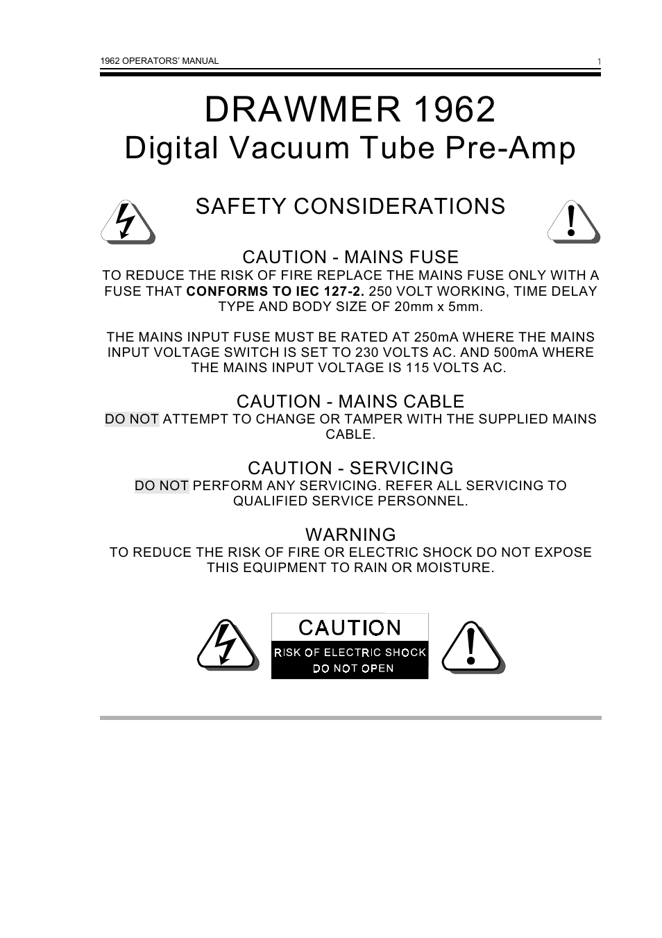 Drawmer 1962, Digital vacuum tube pre-amp, Safety considerations | Drawmer 1962 Digital Vacuum Tube Pre-Amplifier User Manual | Page 5 / 26