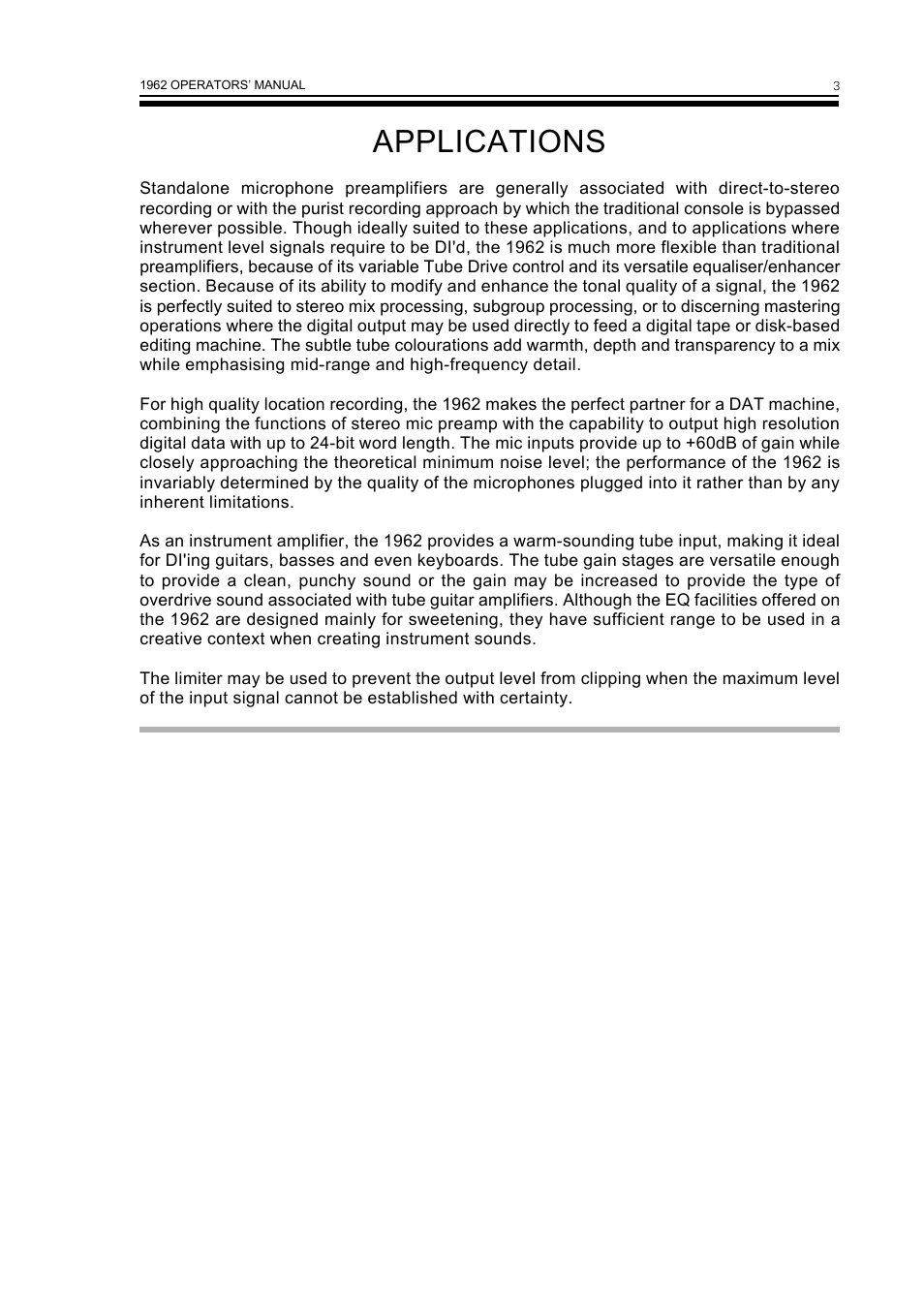 Applications | Drawmer 1962 Digital Vacuum Tube Pre-Amplifier User Manual | Page 7 / 26