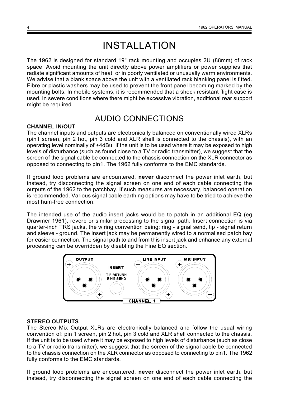 Installation, Audio connections | Drawmer 1962 Digital Vacuum Tube Pre-Amplifier User Manual | Page 8 / 26