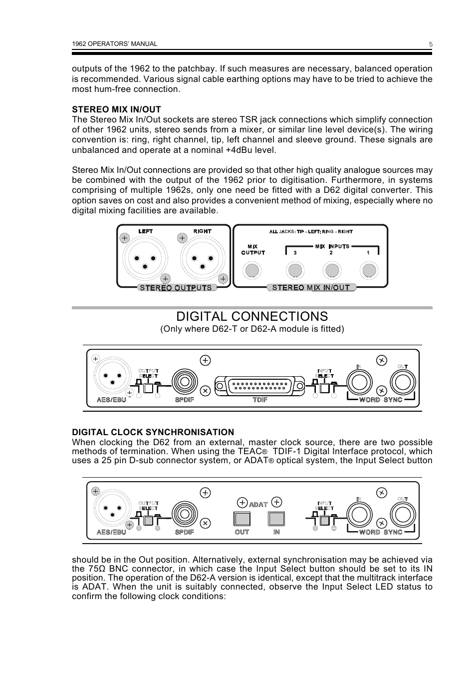 Digital connections | Drawmer 1962 Digital Vacuum Tube Pre-Amplifier User Manual | Page 9 / 26