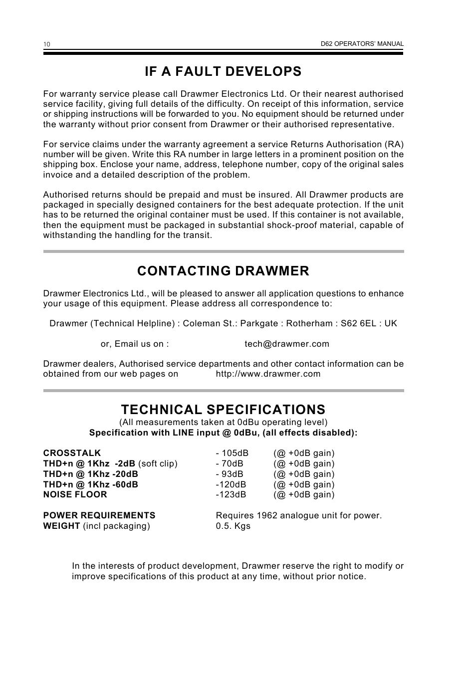 If a fault develops, Contacting drawmer, Technical specifications | Drawmer D62 Digital Module User Manual | Page 14 / 14