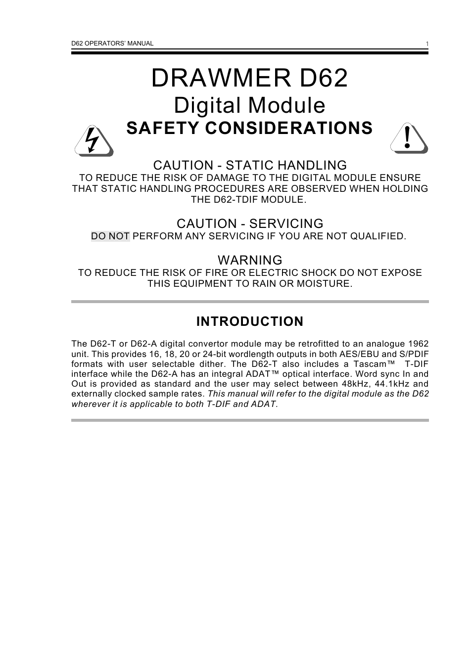 Drawmer d62, Digital module, Safety considerations | Drawmer D62 Digital Module User Manual | Page 5 / 14