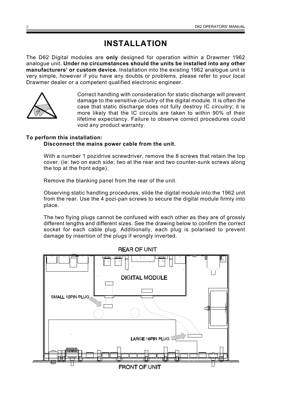 Installation | Drawmer D62 Digital Module User Manual | Page 6 / 14