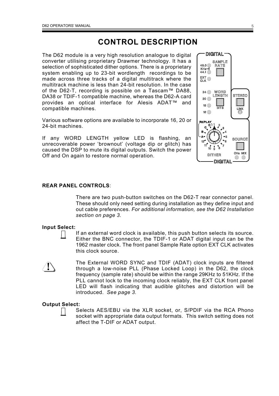 Control description | Drawmer D62 Digital Module User Manual | Page 9 / 14