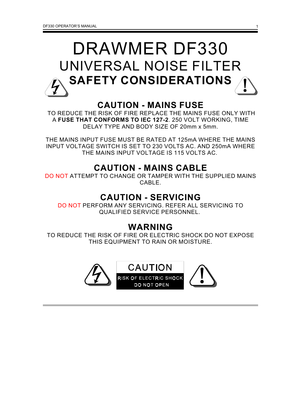 Drawmer df330, Universal noise filter, Safety considerations | Caution - mains fuse, Caution - mains cable, Caution - servicing, Warning | Drawmer DF330 Universal Noise Filter User Manual | Page 3 / 14