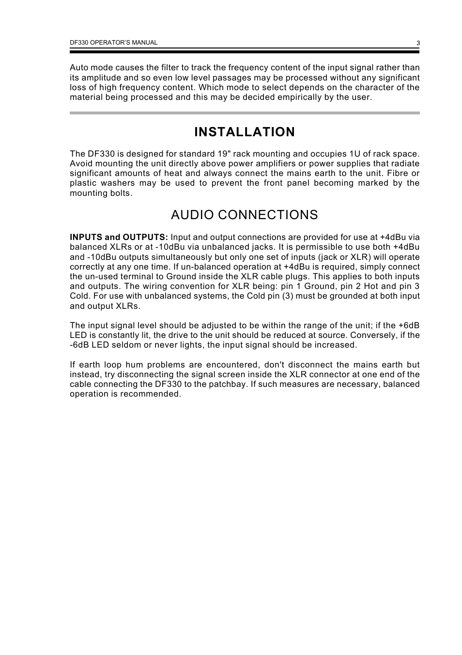 Installation, Audio connections | Drawmer DF330 Universal Noise Filter User Manual | Page 5 / 14