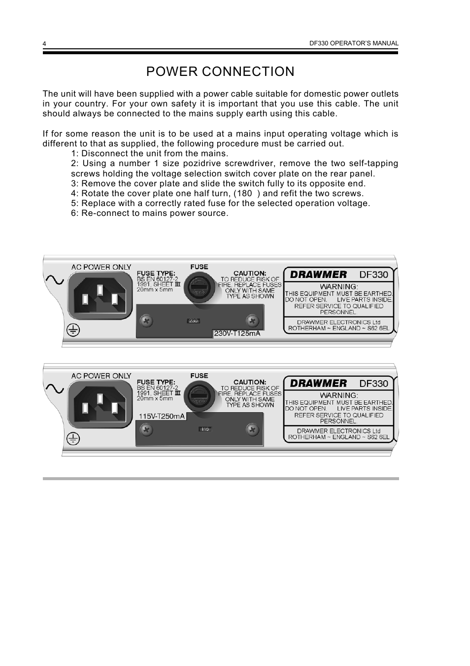 Power connection | Drawmer DF330 Universal Noise Filter User Manual | Page 6 / 14