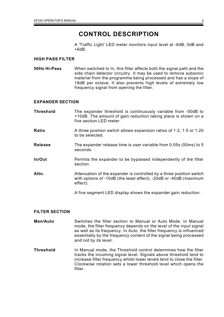 Control description | Drawmer DF330 Universal Noise Filter User Manual | Page 7 / 14