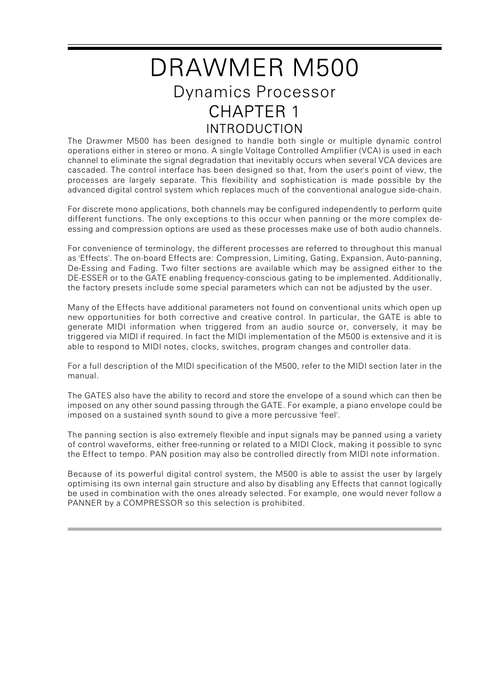 Drawmer m500, Dynamics processor chapter 1 | Drawmer M500 Dynamics Processor User Manual | Page 3 / 55