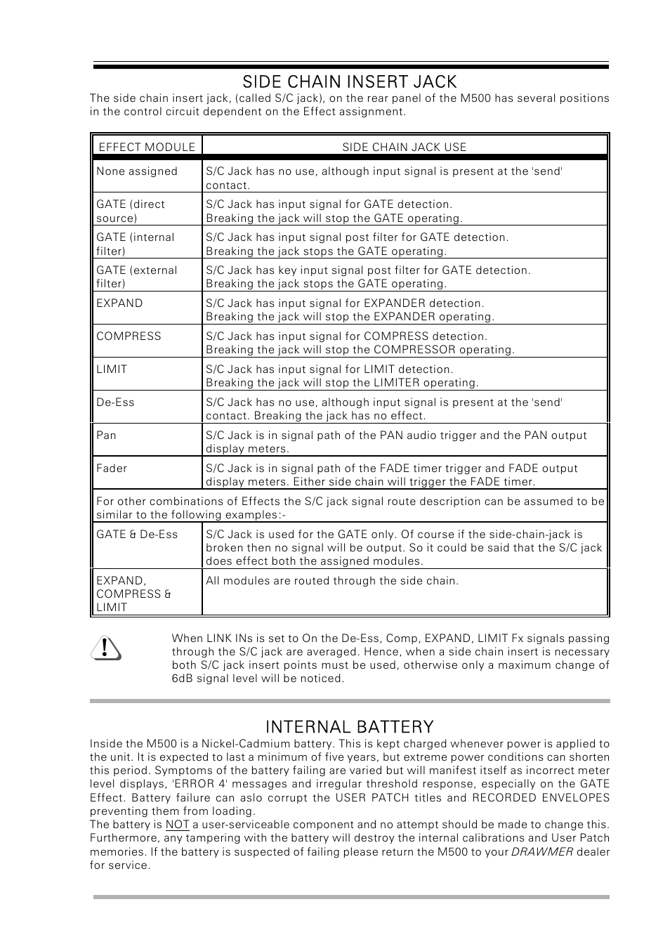 Side chain insert jack, Internal battery | Drawmer M500 Dynamics Processor User Manual | Page 49 / 55