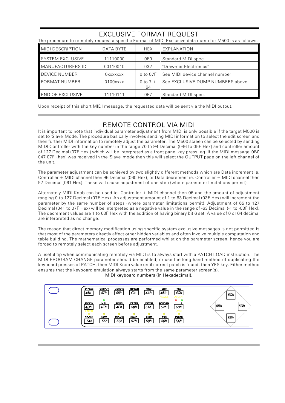 Exclusive format request, Remote control via midi | Drawmer M500 Dynamics Processor User Manual | Page 52 / 55