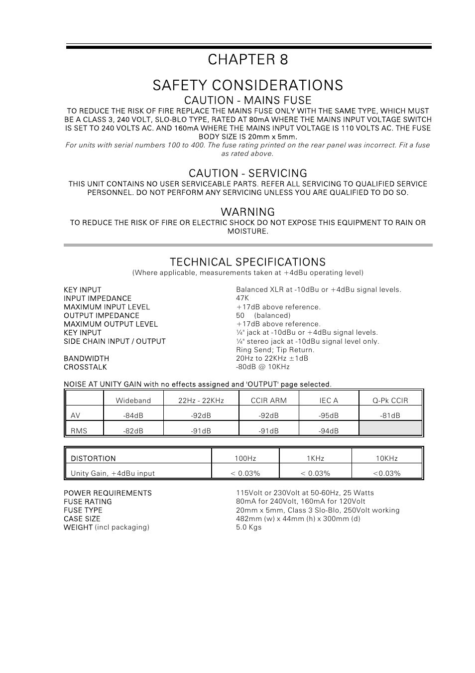 Chapter 8 safety considerations, Caution - mains fuse, Caution - servicing | Warning, Technical specifications | Drawmer M500 Dynamics Processor User Manual | Page 53 / 55