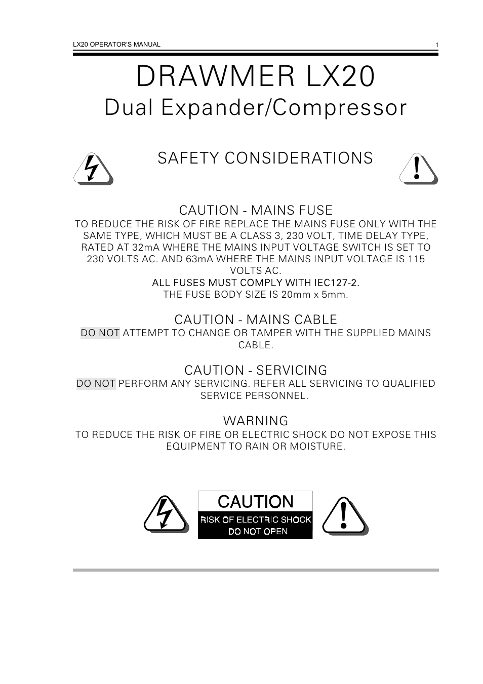 Drawmer lx20, Dual expander/compressor, Safety considerations | Drawmer LX20 Dual Expander Compressor User Manual | Page 3 / 11