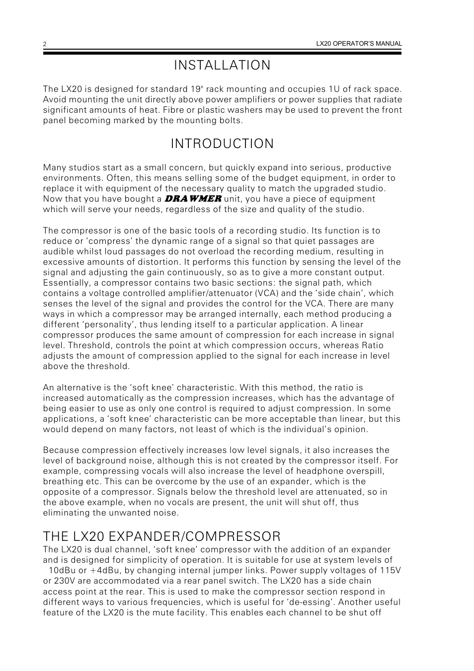 Installation, Introduction, The lx20 expander/compressor | Drawmer LX20 Dual Expander Compressor User Manual | Page 4 / 11