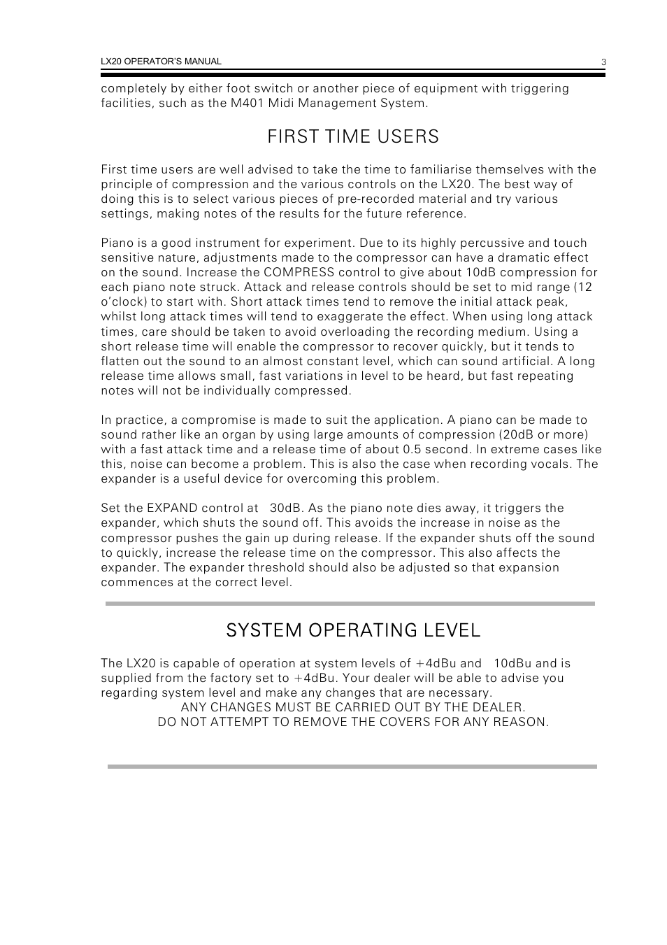 First time users, System operating level | Drawmer LX20 Dual Expander Compressor User Manual | Page 5 / 11