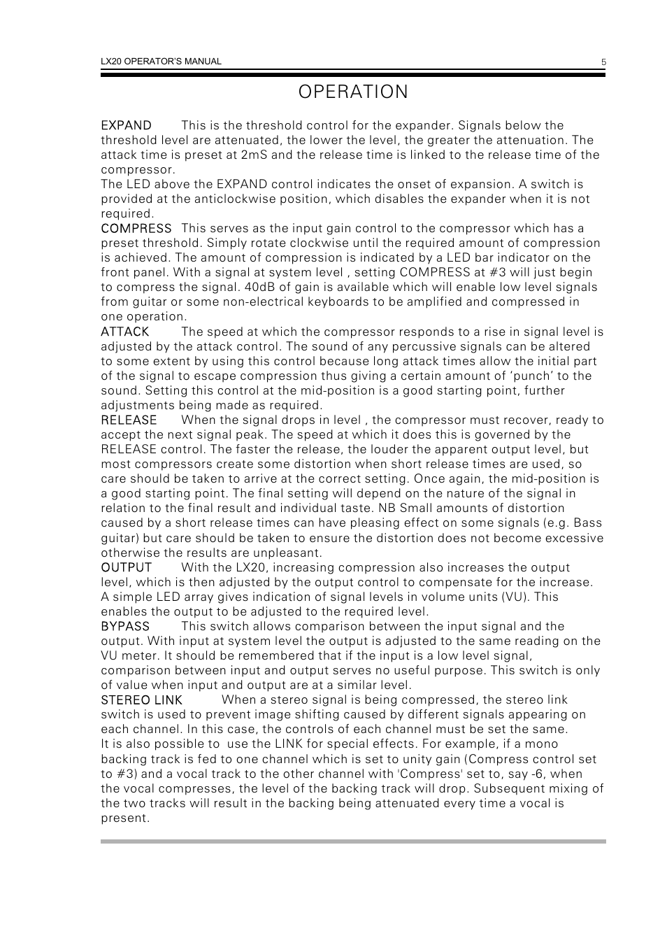 Operation | Drawmer LX20 Dual Expander Compressor User Manual | Page 7 / 11