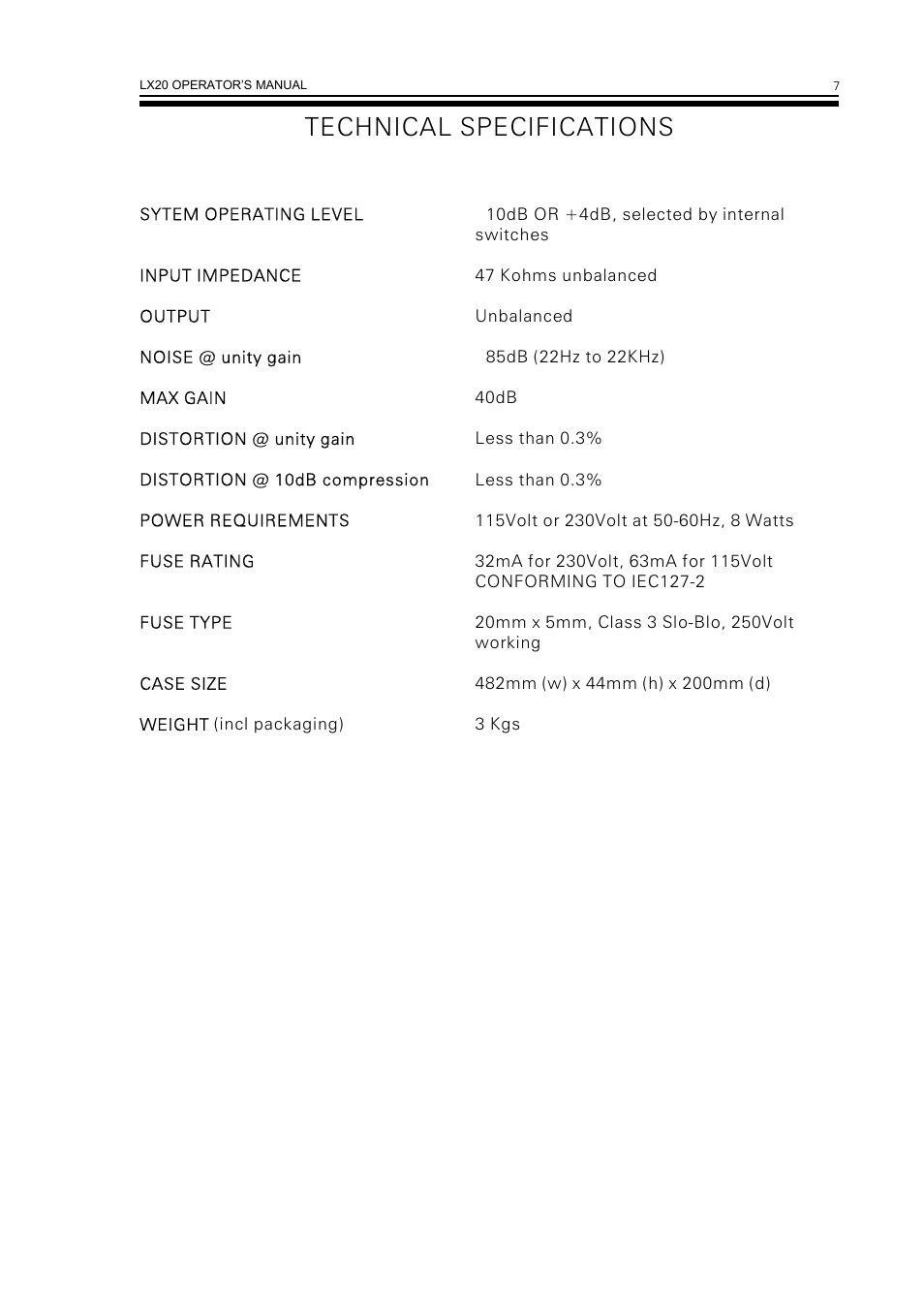 Technical specifications | Drawmer LX20 Dual Expander Compressor User Manual | Page 9 / 11