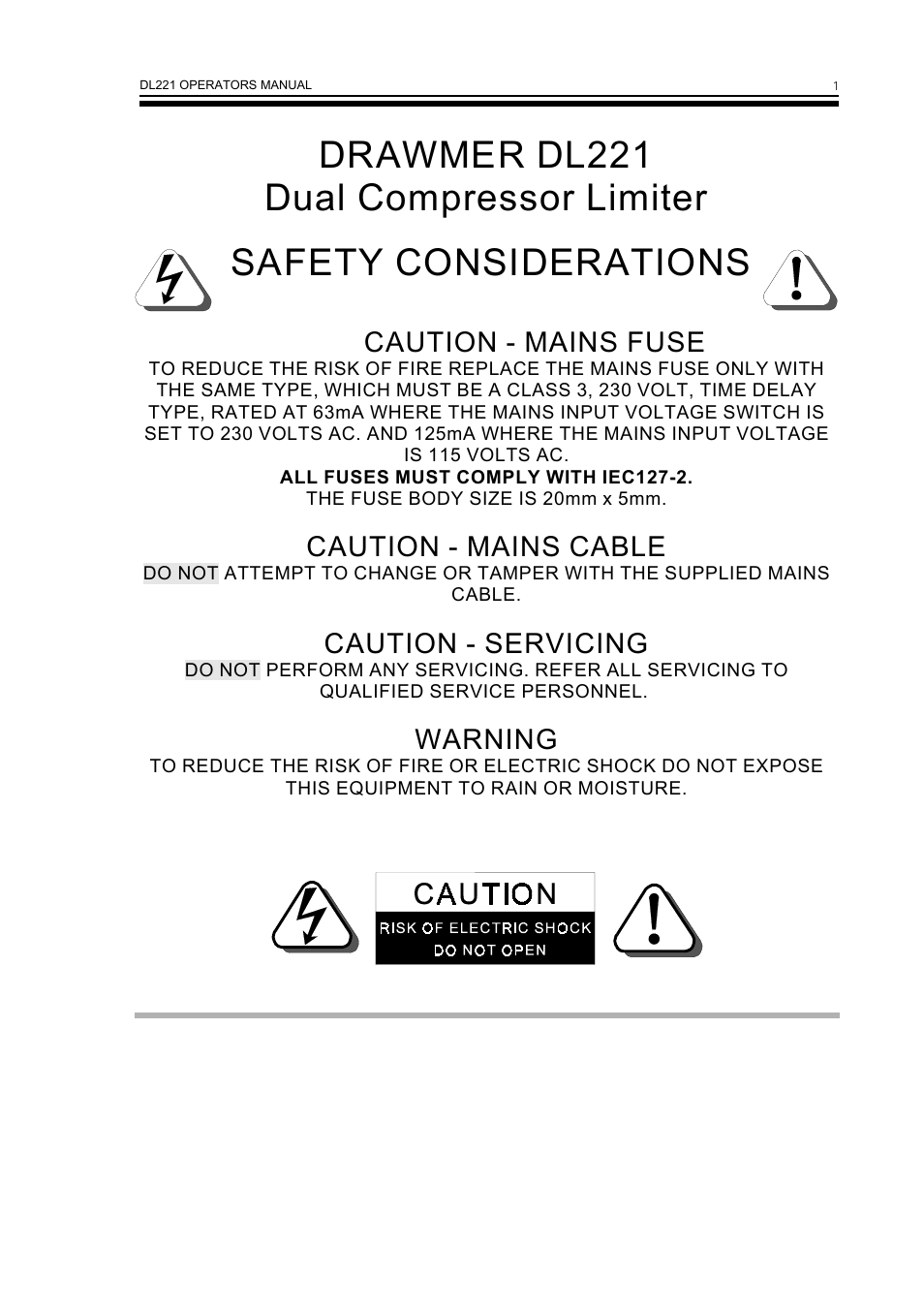 Caution - mains fuse, Caution - mains cable, Caution - servicing | Warning | Drawmer DL221 Dual Compressor User Manual | Page 3 / 10