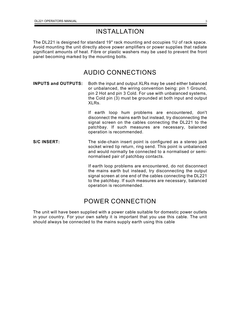 Installation, Audio connections, Power connection | Drawmer DL221 Dual Compressor User Manual | Page 5 / 10