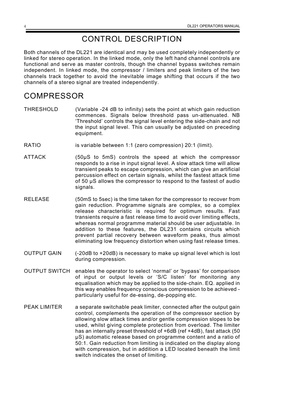 Control description, Compressor | Drawmer DL221 Dual Compressor User Manual | Page 6 / 10