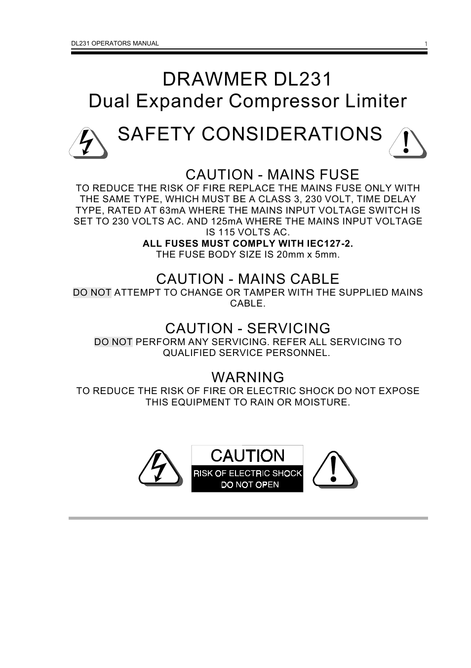 Caution - mains fuse, Caution - mains cable, Caution - servicing | Warning | Drawmer DL231 Dual Expander/Compressor User Manual | Page 3 / 10