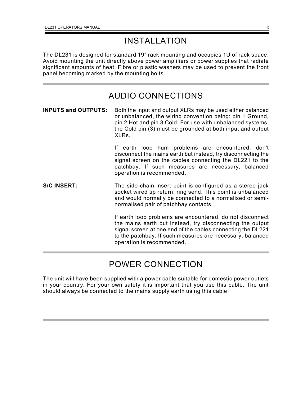 Installation, Audio connections, Power connection | Drawmer DL231 Dual Expander/Compressor User Manual | Page 5 / 10